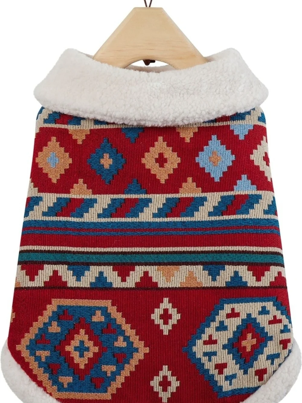 Red Patterned Dog Jacket with Faux Sherpa Collar